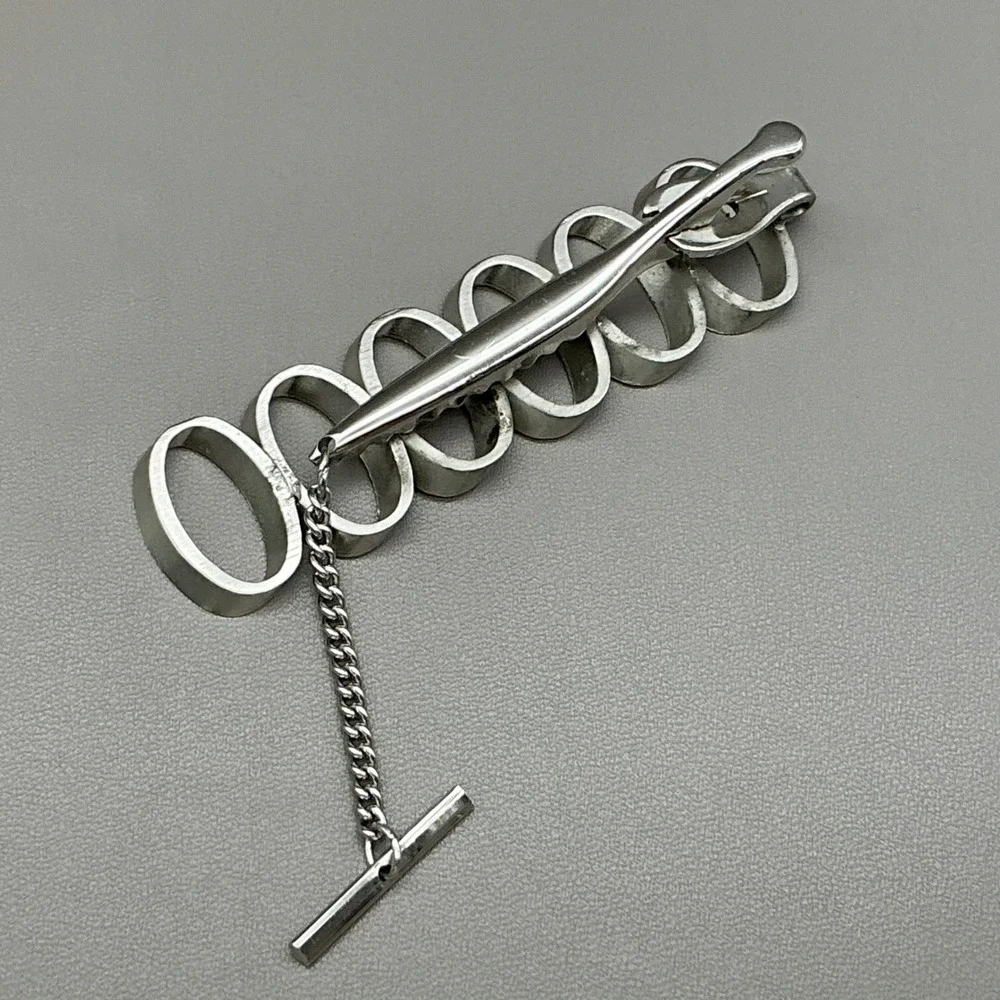 Dante Tie Clip Vintage Silver Tone Modernist Circle Chain Bar Men's Accessory
